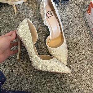 Elegant White Pearl-Embellished Heels